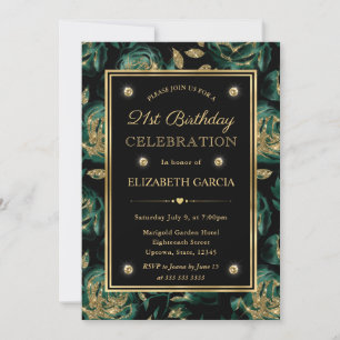 Elegant Green and Gold Rose Floral 21st Birthday Invitation