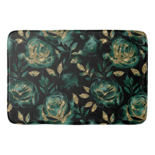 Elegant Green and Gold Rose Floral Pattern Bath Mat