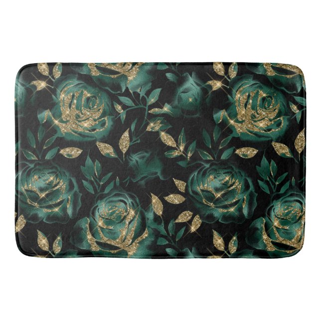 Elegant Green and Gold Rose Floral Pattern Bath Mat (Front)