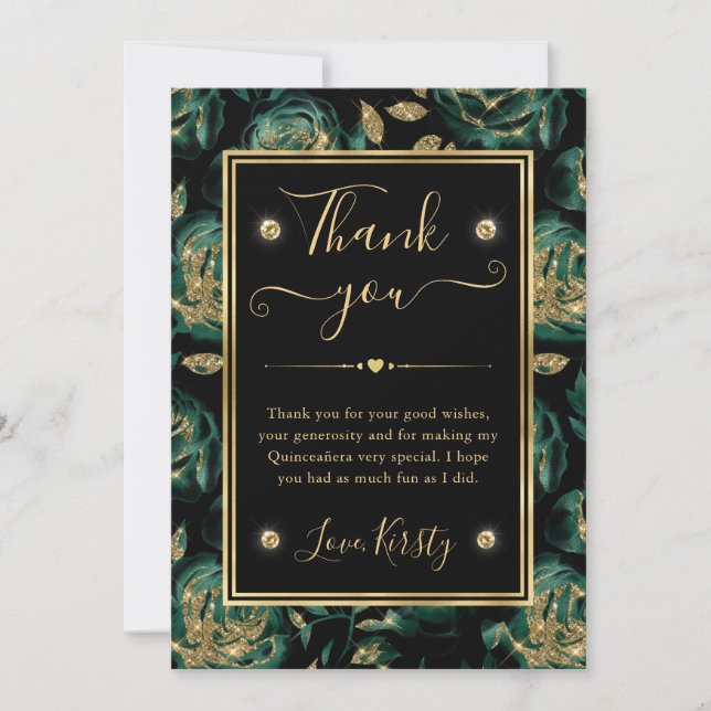 Elegant Green and Gold Rose Floral Quinceanera Thank You Card (Front)