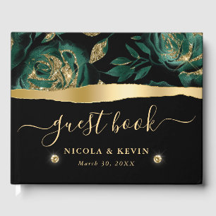Elegant Green and Gold Rose Floral Wedding Guest Book