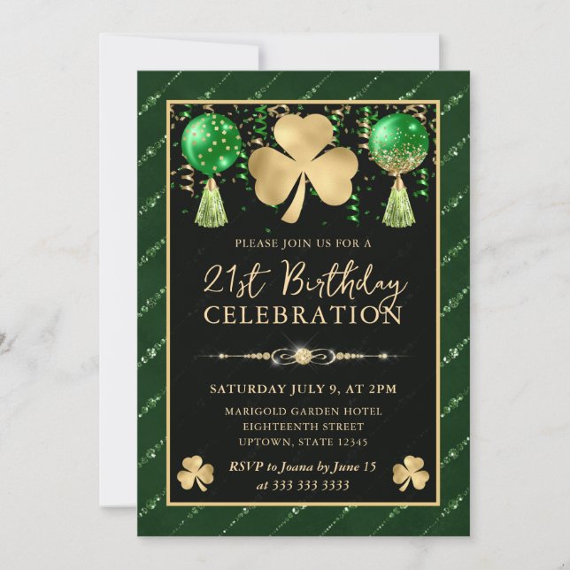 Elegant Green and Gold Shamrock 21st Birthday Invitation (Front)