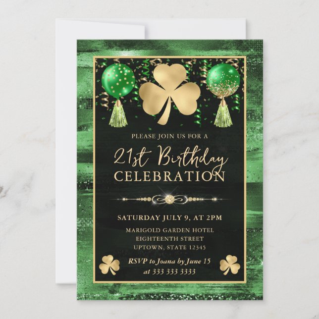 Elegant Green and Gold Shamrock 21st Birthday Invitation (Front)