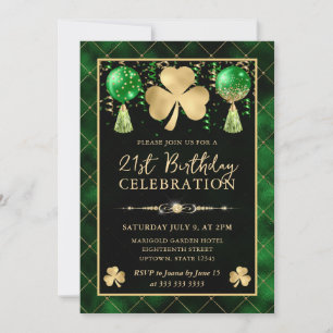 Elegant Green and Gold Shamrock 21st Birthday Invitation