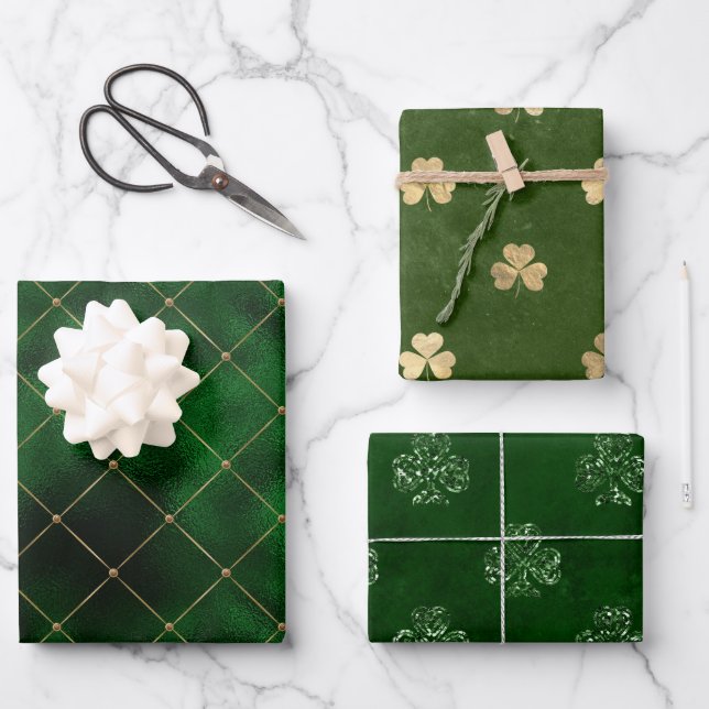 Elegant Green and Gold Shamrock St Patrick's Day Wrapping Paper Sheet (Front)
