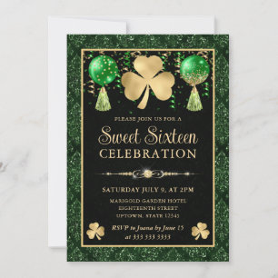 Elegant Green and Gold Shamrock Sweet Sixteen Invitation