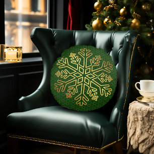 Elegant Green and Gold Snowflake Decorative Round Cushion