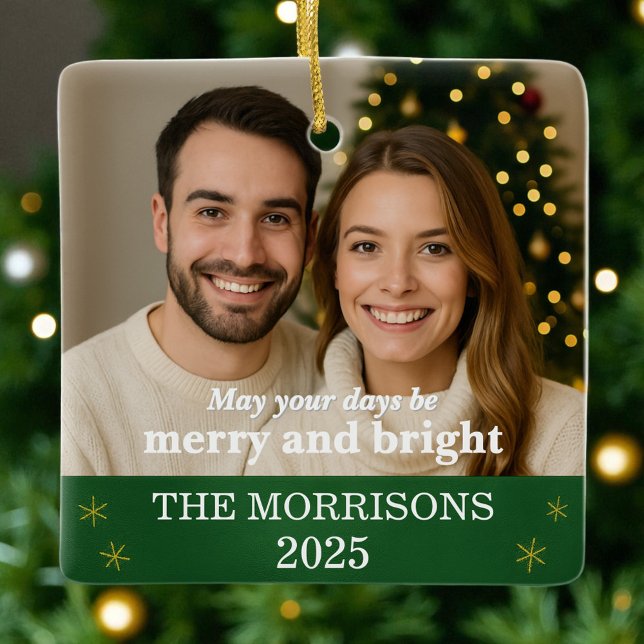 Elegant Green and Gold Snowflake Family Photo Ceramic Ornament (Creator Uploaded)