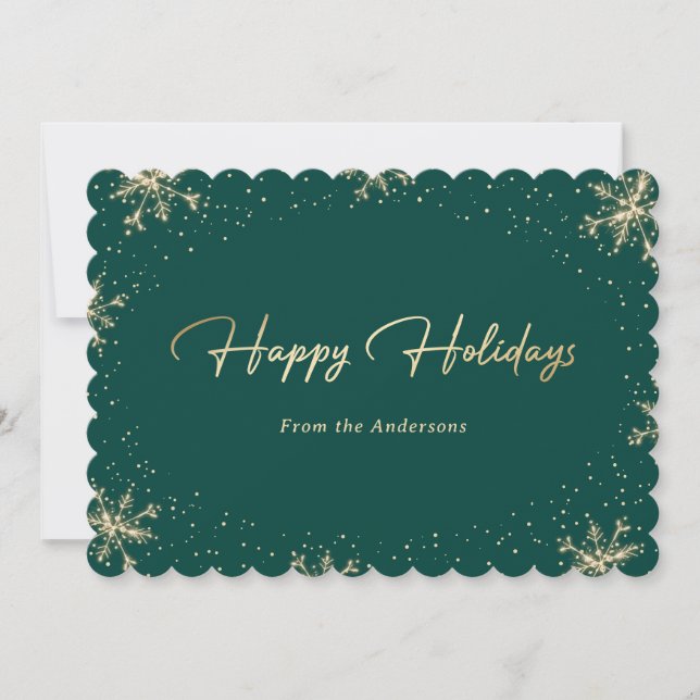 Elegant Green and Gold Snowflake Holiday Card (Front)