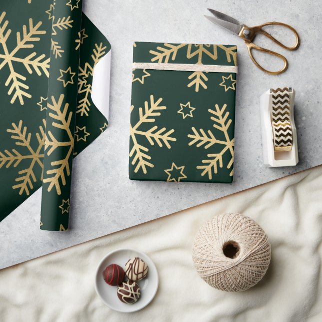 Elegant Green and Gold Snowflakes Christmas Wrapping Paper (Crafts)