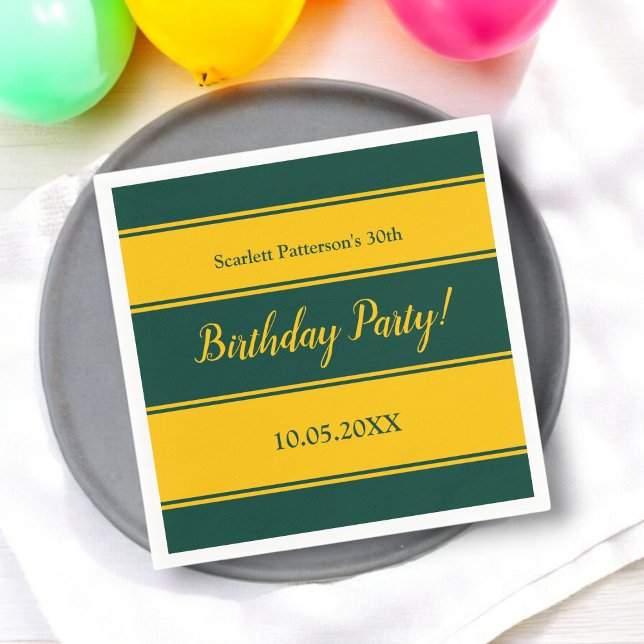 Elegant Green And Gold Stripes Modern Birthday Napkin (Creator Uploaded)