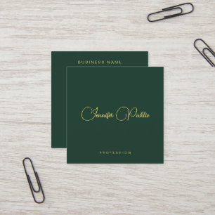 Elegant Green And Gold Text Script Premium Silk Square Business Card
