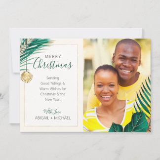 Elegant Green and Gold Tropical Christmas Photo Holiday Card
