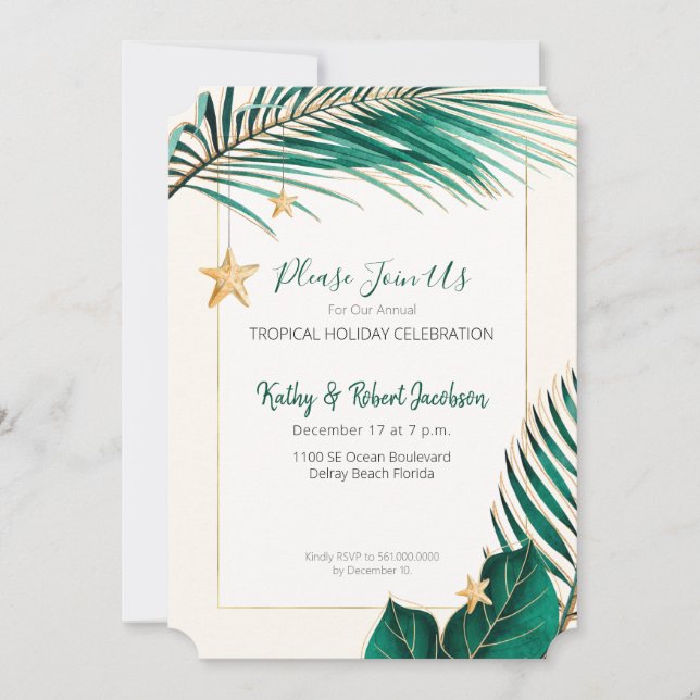 Elegant Green and Gold Tropical Holiday Party Invitation (Front)