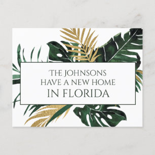 Elegant Green and Gold Tropical Leaves New Home Announcement Postcard