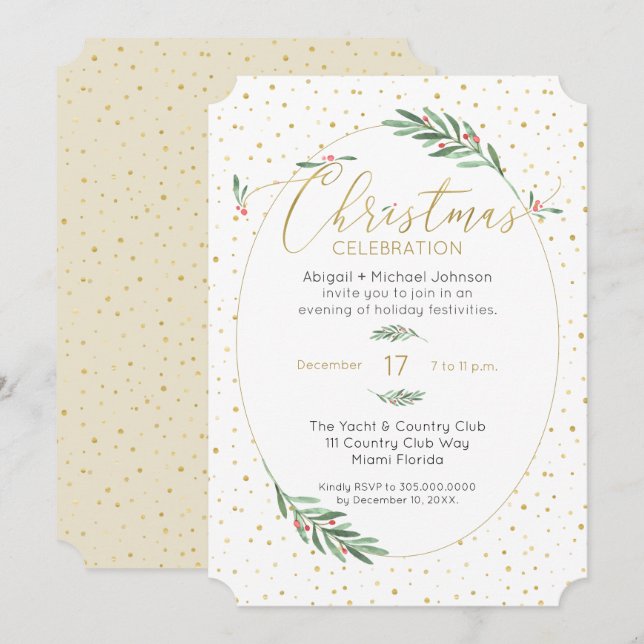 Elegant Green and Gold Watercolor Christmas Party Invitation (Front/Back)
