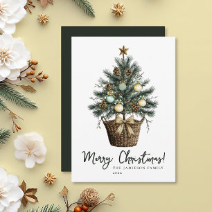 Elegant Green and Gold Watercolor Christmas Tree Holiday Card