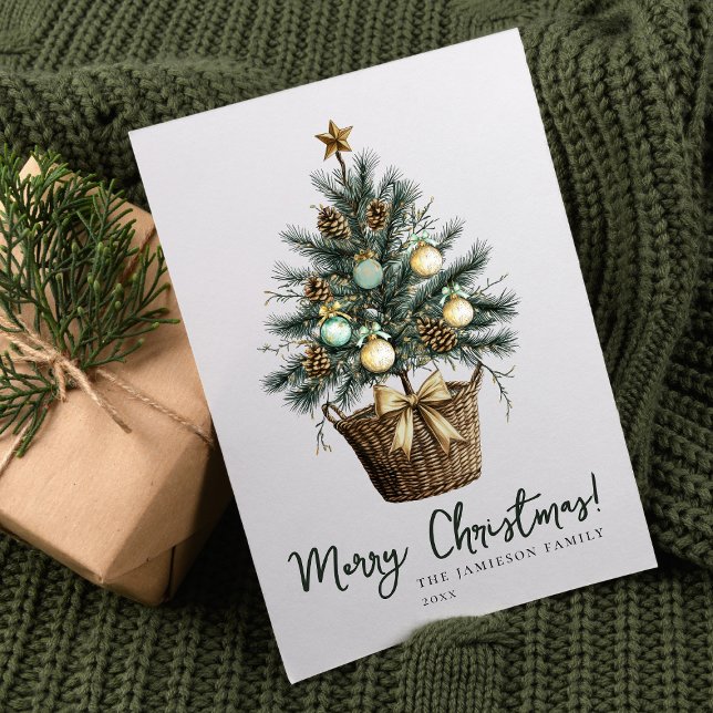 Elegant Green and Gold Watercolor Christmas Tree Holiday Postcard (Elegant Green and Natural Merry Christmas Holiday Postcard with watercolor Christmas tree art.)