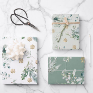 Elegant Green and Gold Winter Greenery Christmas Wrapping Paper Sheet
