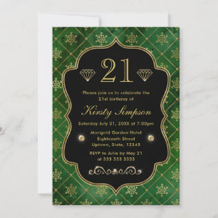 Elegant Green and Gold Winter Snowflakes Birthday Invitation