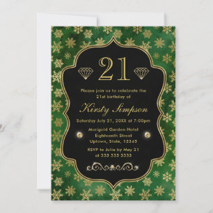 Elegant Green and Gold Winter Snowflakes Birthday Invitation