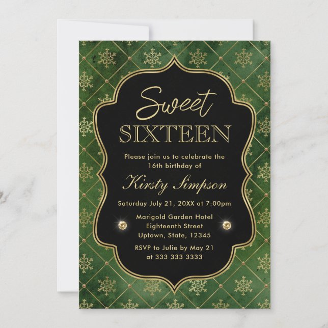 Elegant Green and Gold Winter Snowflakes Sweet 16 Invitation (Front)