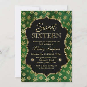 Elegant Green and Gold Winter Snowflakes Sweet 16 Invitation