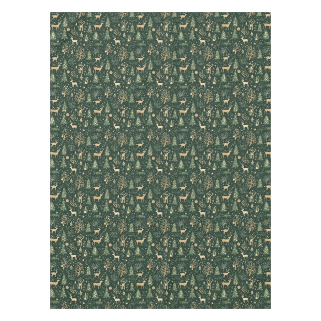 Elegant Green and Gold Woodland Deer Pattern Tablecloth (Front)