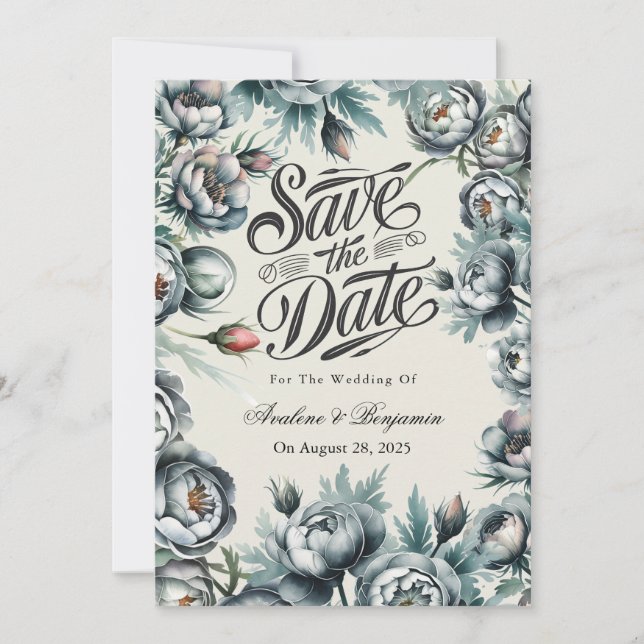 Elegant Green and Grey Bouquet Save The Date Invitation (Front)