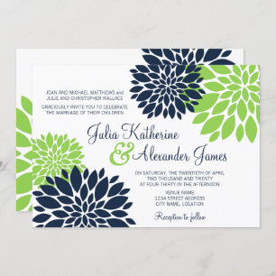 Elegant Green and Navy Blue Floral Burst Wedding Invitation