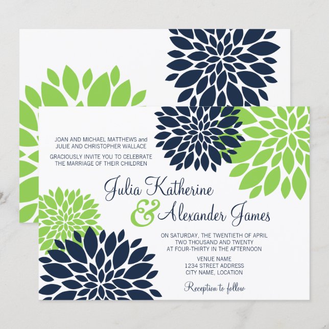 Elegant Green and Navy Blue Floral Burst Wedding Invitation (Front/Back)