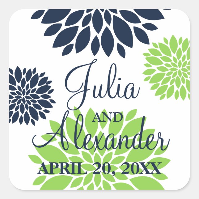 Elegant Green and Navy Blue Floral Burst Wedding Square Sticker (Front)