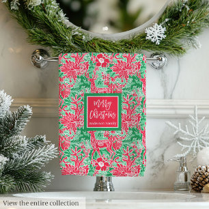 Elegant green and pink Christmas preppy towel set