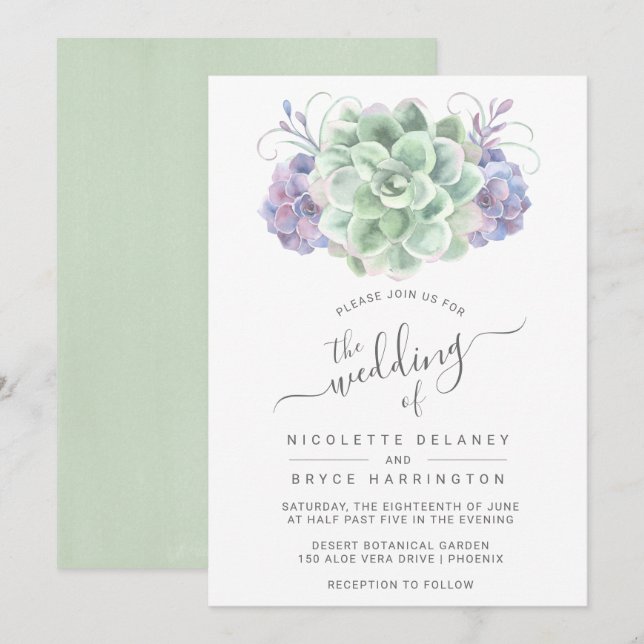 Elegant Green and Purple Succulent Wedding Invitation (Front/Back)