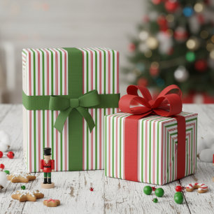 Elegant Green and Red Candy Cane Pinstripe Wrapping Paper