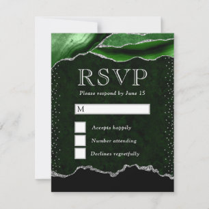Elegant Green and Silver Faux Glitter Marble Agate RSVP Card