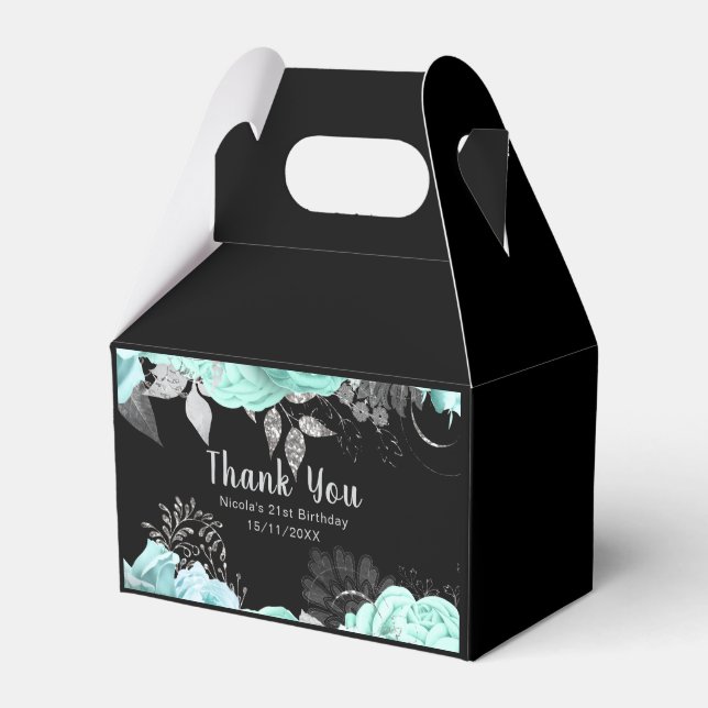 Elegant Green and Silver Flowers Birthday Party Favour Box (Front Side)