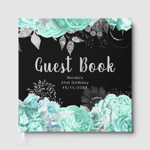 Elegant Green and Silver Flowers Birthday Party Guest Book