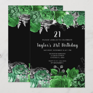 Elegant Green and Silver Flowers Birthday Party Invitation