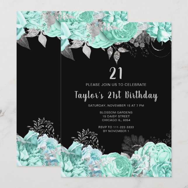 Elegant Green and Silver Flowers Birthday Party Invitation (Front/Back)