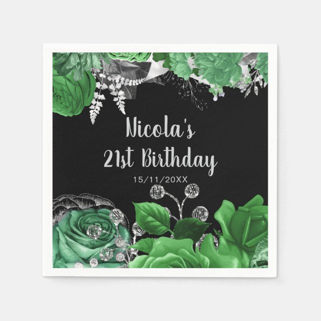 Elegant Green and Silver Flowers Birthday Party  Napkin (Front)