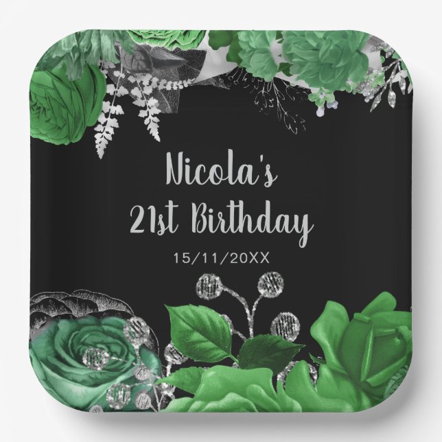 Elegant Green and Silver Flowers Birthday Party  Paper Plate (Front)