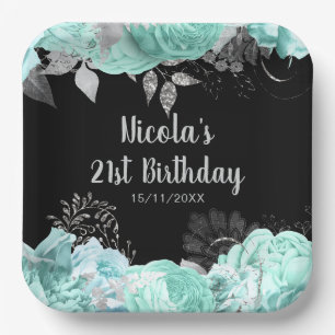 Elegant Green and Silver Flowers Birthday Party Paper Plate