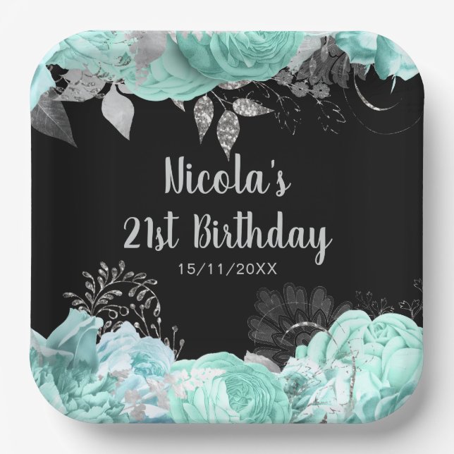 Elegant Green and Silver Flowers Birthday Party Paper Plate (Front)