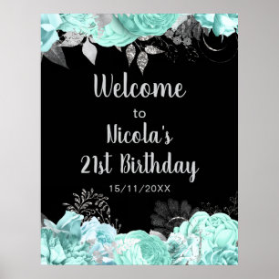 Elegant Green and Silver Flowers Birthday Party Poster