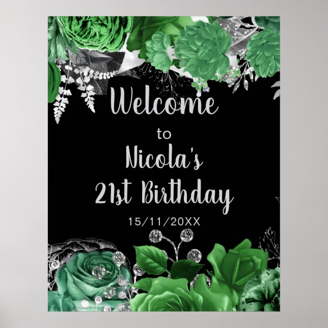 Elegant Green and Silver Flowers Birthday Party  Poster (Front)