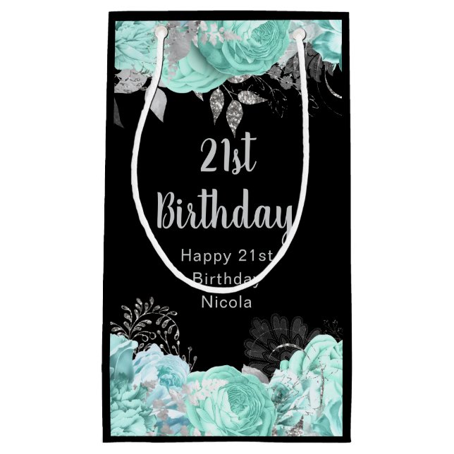 Elegant Green and Silver Flowers Birthday Party Small Gift Bag (Front)