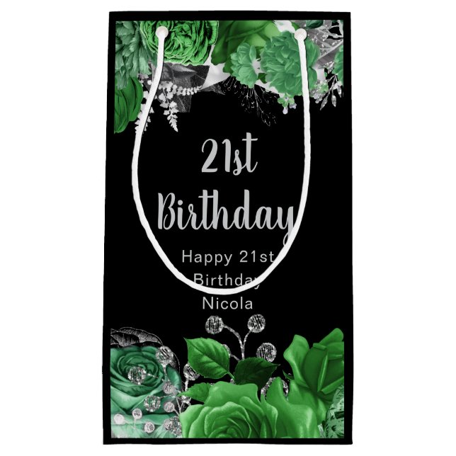 Elegant Green and Silver Flowers Birthday Party  Small Gift Bag (Front)