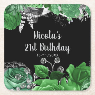 Elegant Green and Silver Flowers Birthday Party  Square Paper Coaster