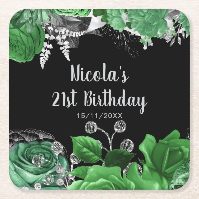 Elegant Green and Silver Flowers Birthday Party  Square Paper Coaster (Front)